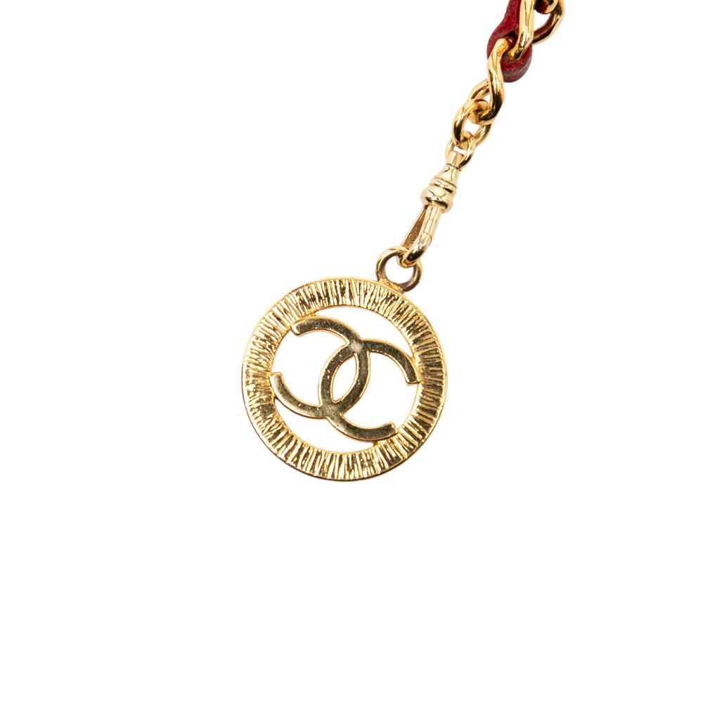 Chanel AB Chanel Gold with Red Dark Red Gold Plated Metal Leather Woven Medallion Chain Belt France