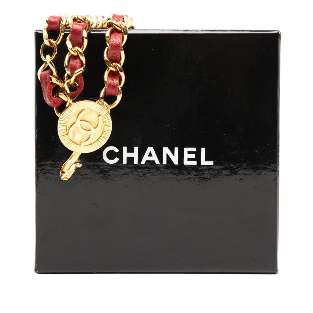 Chanel AB Chanel Gold with Red Dark Red Gold Plated Metal Leather Woven Medallion Chain Belt France