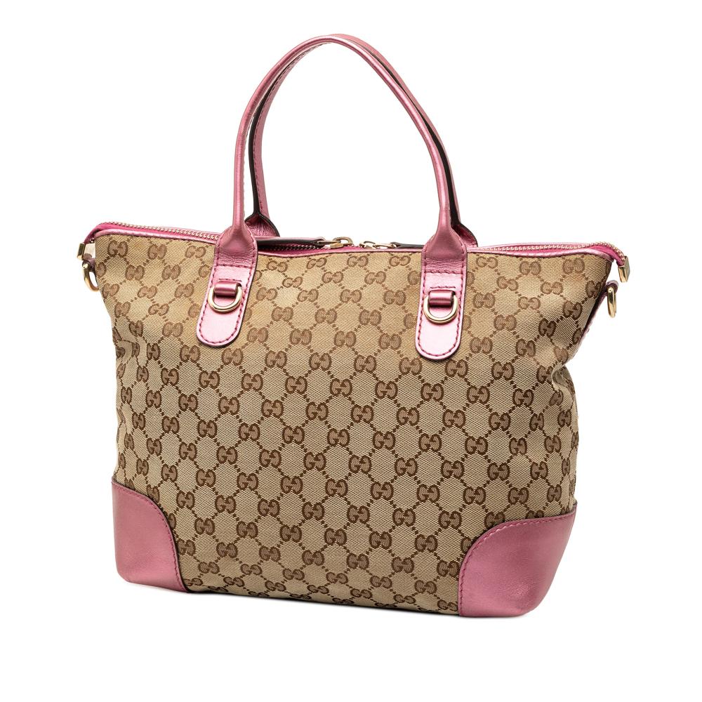 Gucci B Gucci Brown Beige with Pink Canvas Fabric GG Heart Bit Satchel Italy