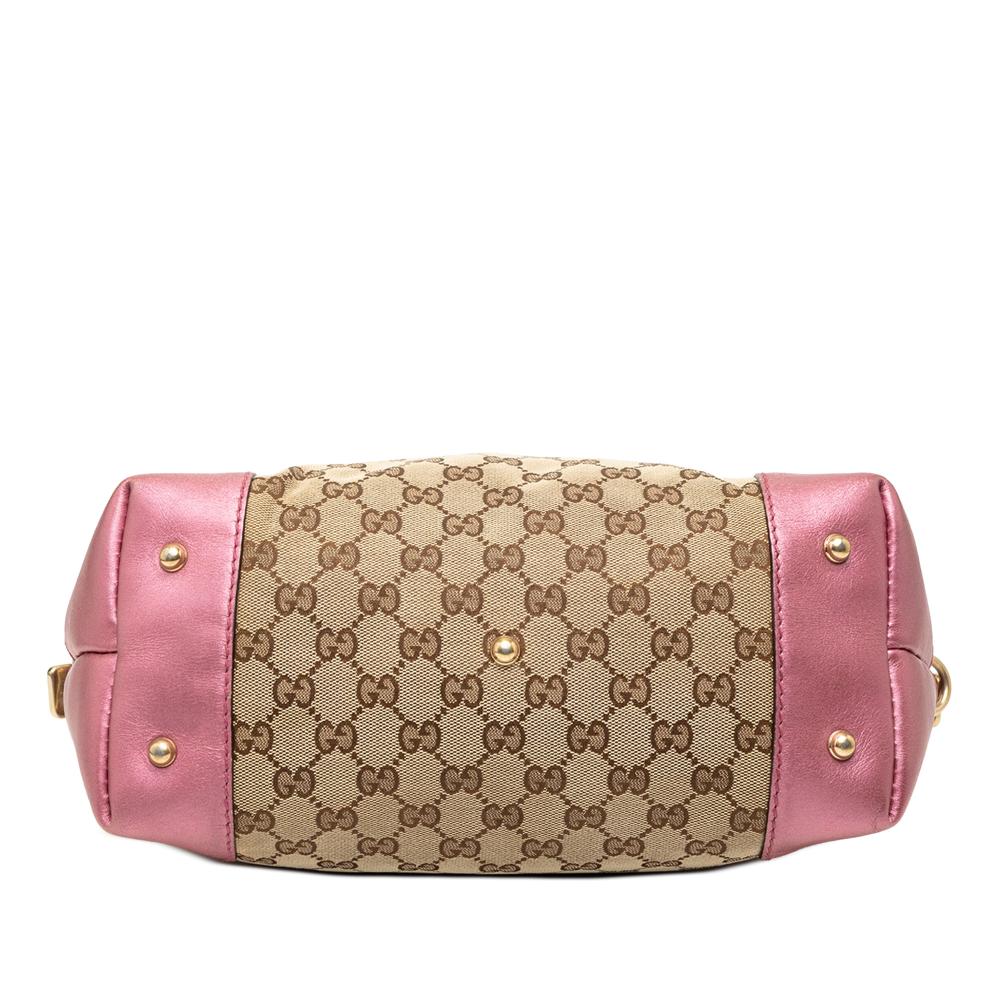Gucci B Gucci Brown Beige with Pink Canvas Fabric GG Heart Bit Satchel Italy