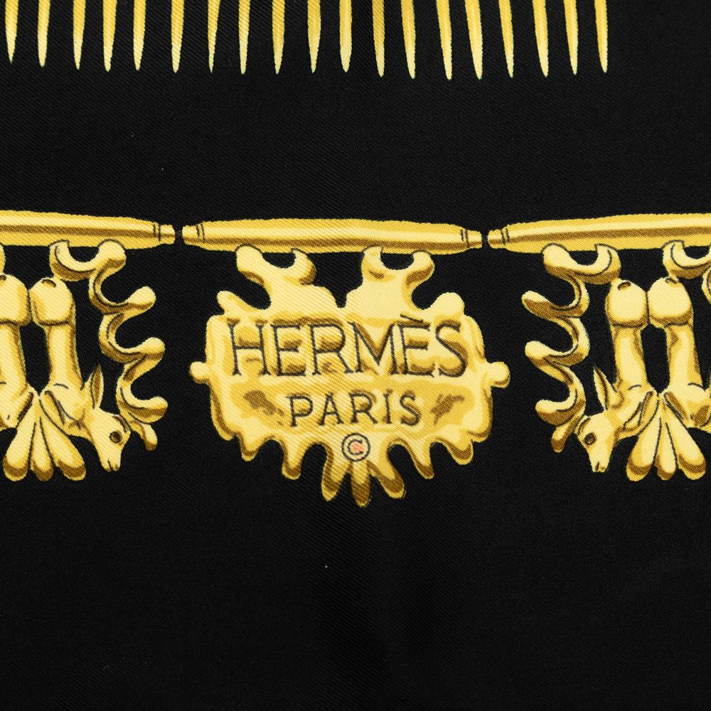 Hermès AB Hermès Black Silk Fabric Les Cavaliers d Or Scarf 90 France