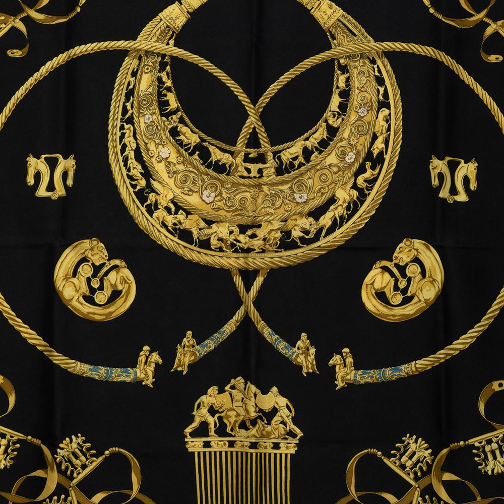 Hermès AB Hermès Black Silk Fabric Les Cavaliers d Or Scarf 90 France