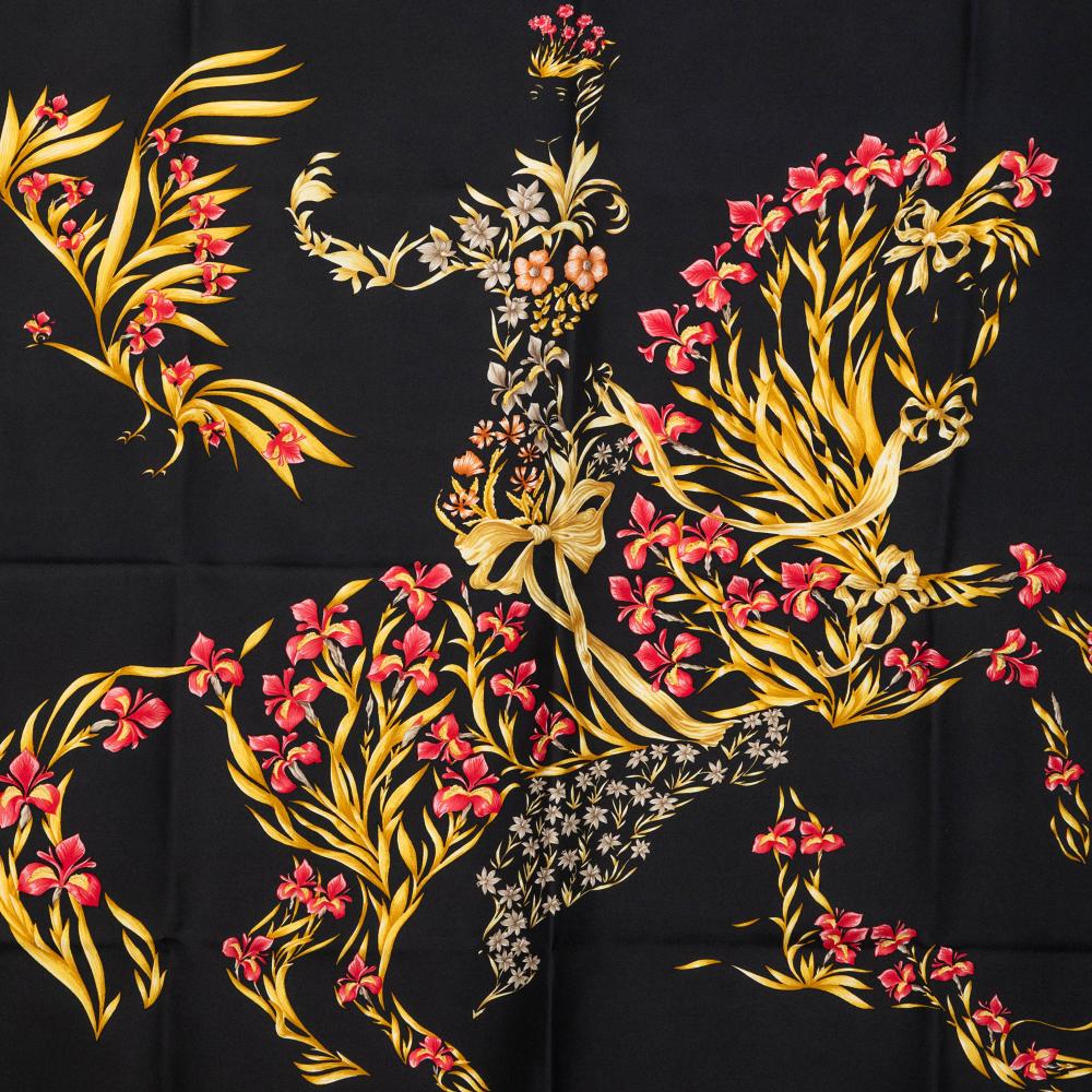 Hermès AB Hermès Black Silk Fabric Cheval Fleuri Scarf France