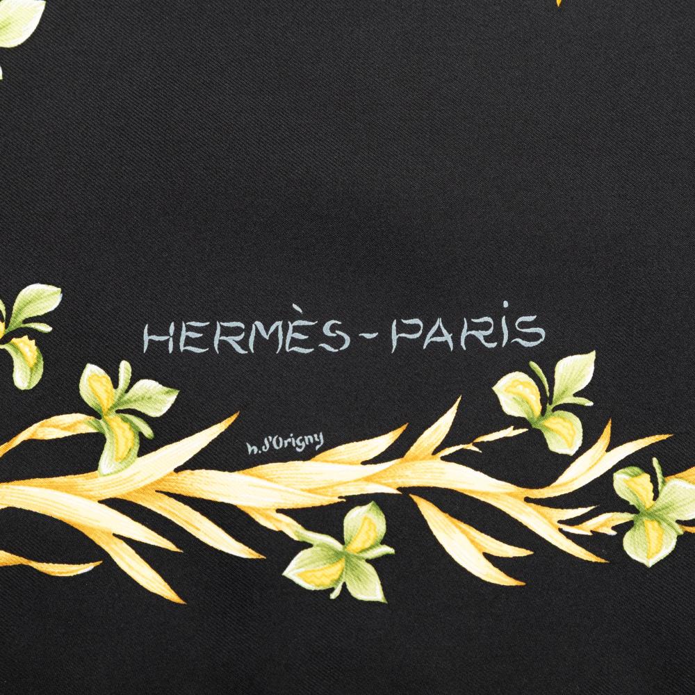 Hermès AB Hermès Black Silk Fabric Cheval Fleuri Scarf France