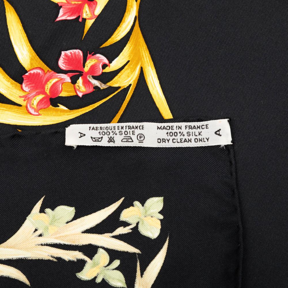 Hermès AB Hermès Black Silk Fabric Cheval Fleuri Scarf France