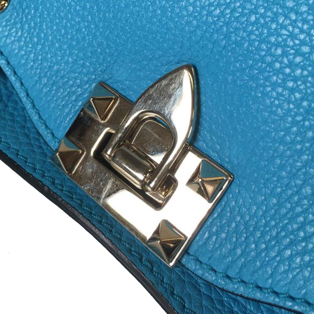 Valentino AB Valentino Blue Light Blue Calf Leather Small Grained skin Rockstud Trapeze Satchel Italy