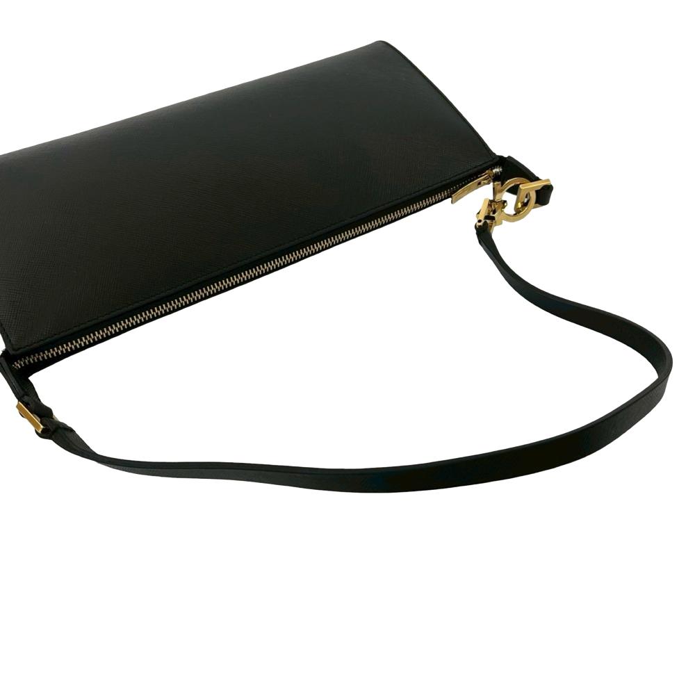 Ferragamo AB Ferragamo Black Calf Leather Gancini Shoulder Bag Italy