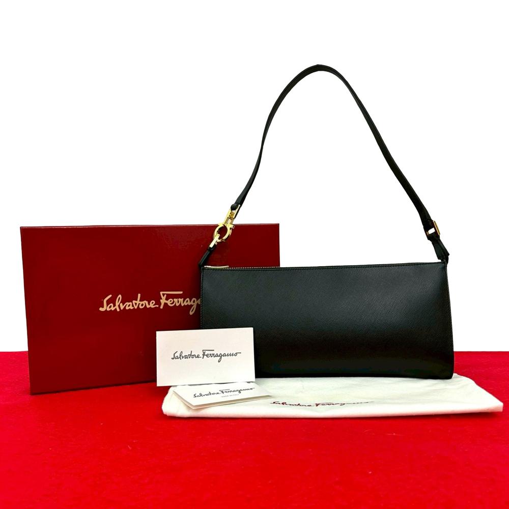 Ferragamo AB Ferragamo Black Calf Leather Gancini Shoulder Bag Italy