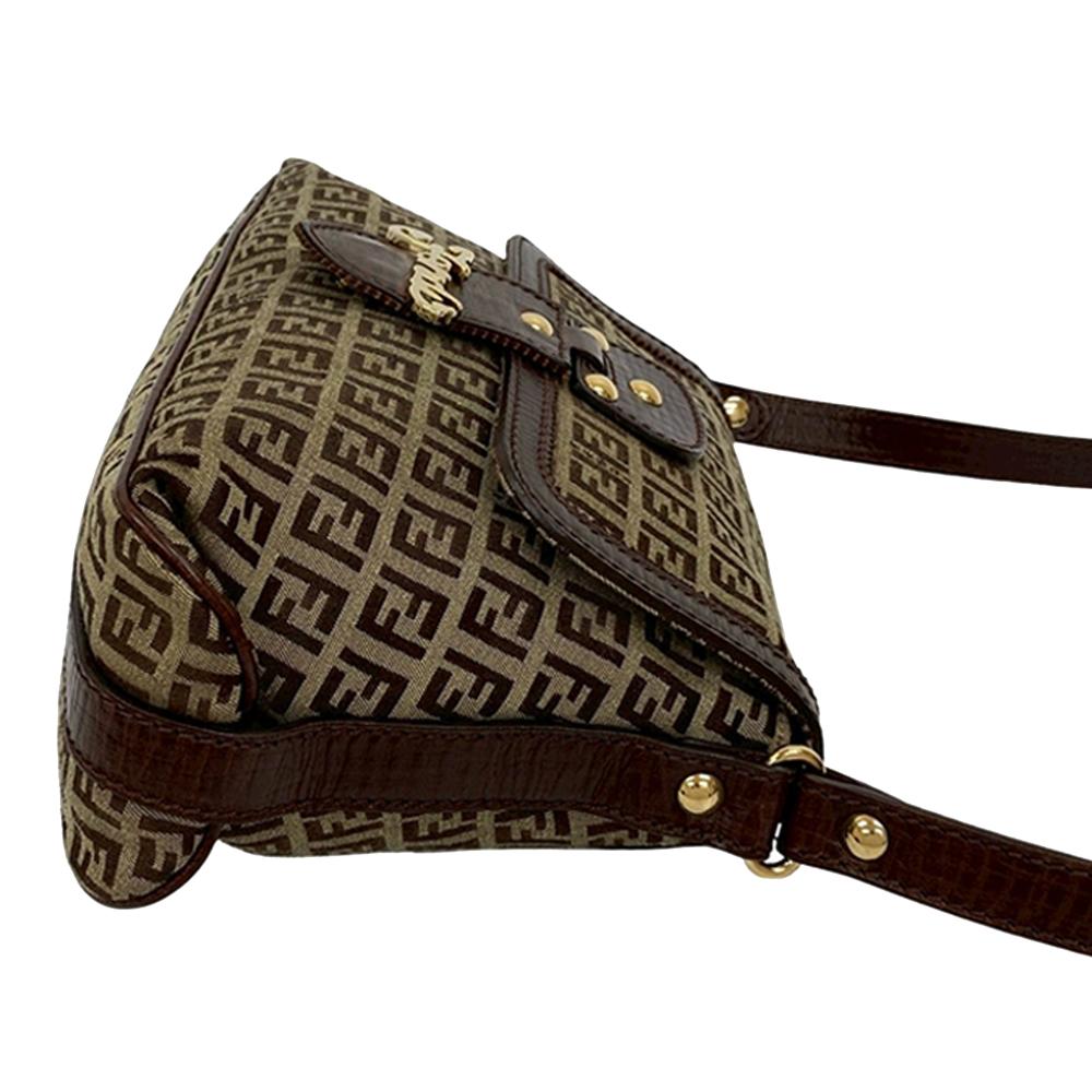Fendi AB Fendi Brown Canvas Fabric Zucchino Flap Shoulder Bag Italy