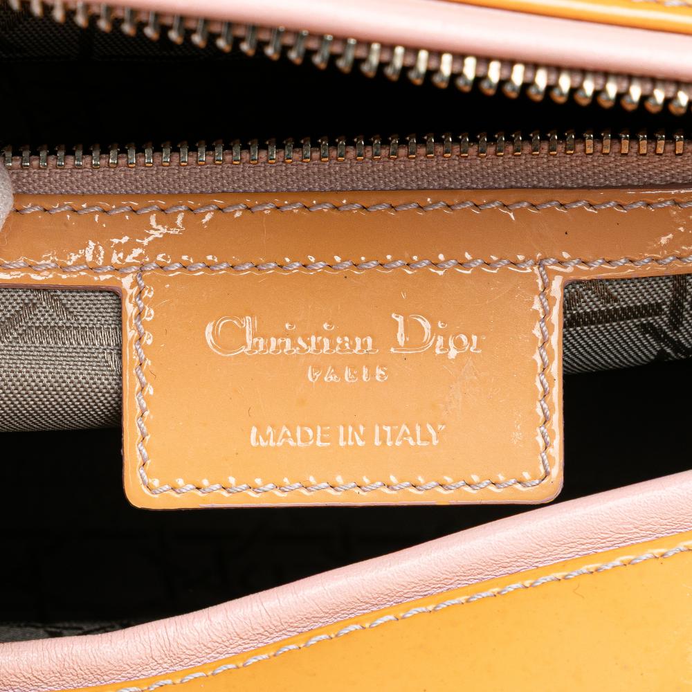 Christian Dior B Dior Brown Beige Patent Leather Leather Large Patent Cannage Lady Dior Italy