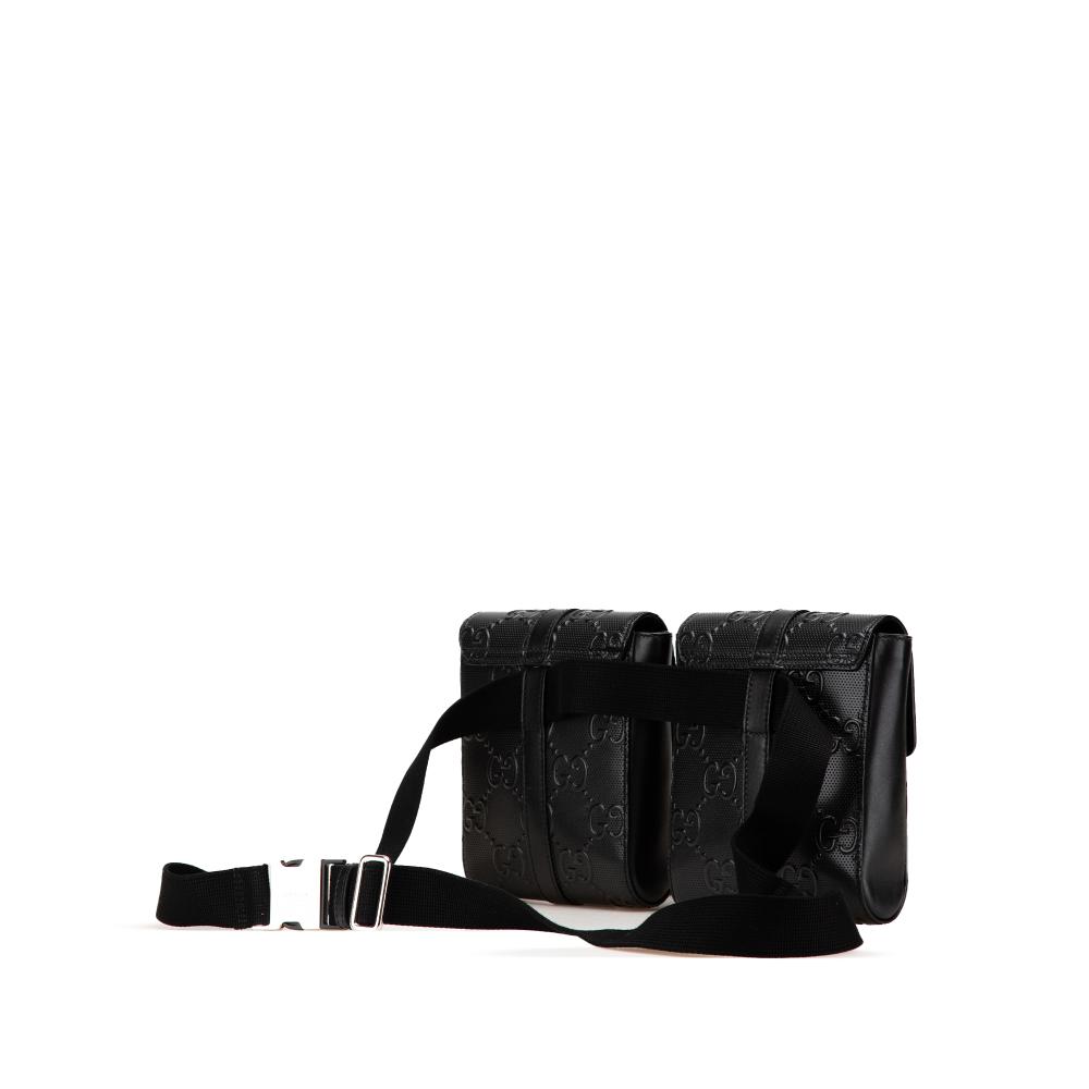 Gucci AB Gucci Black Calf Leather GG Embossed Perforated Double Belt Bag Italy