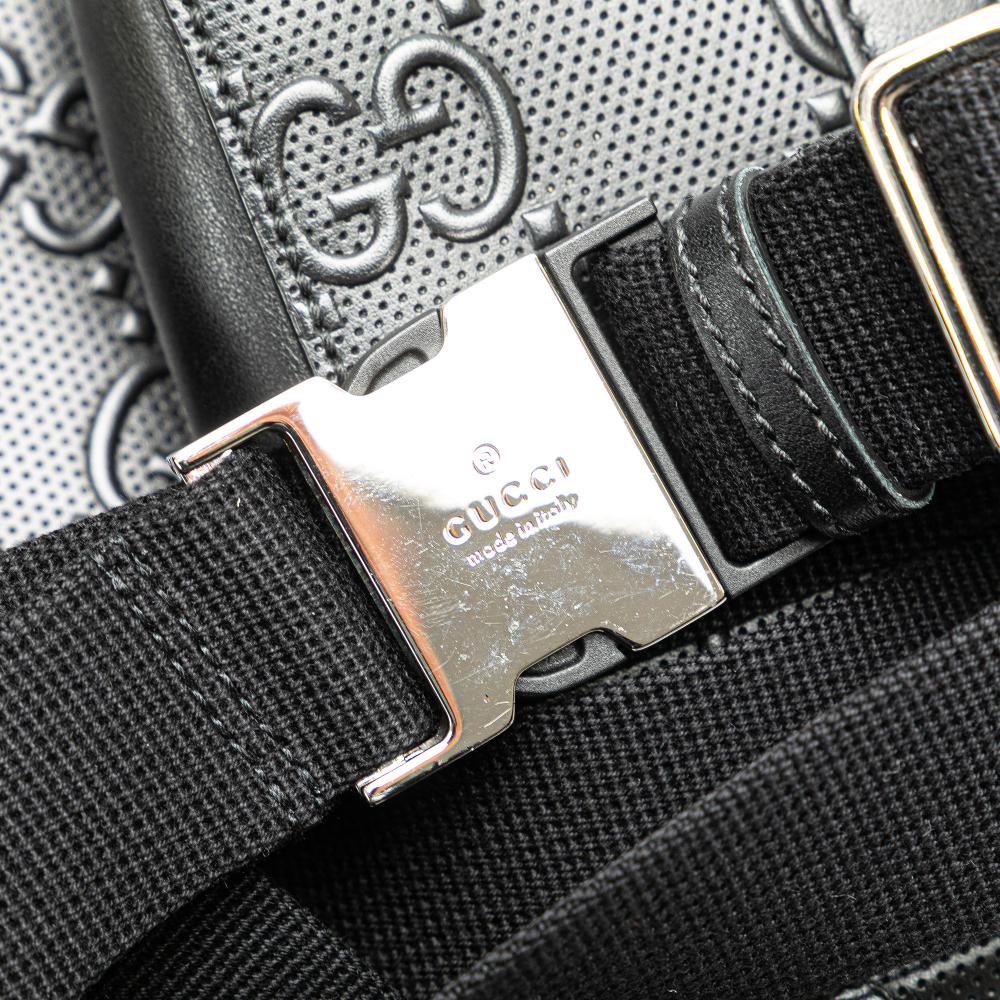 Gucci AB Gucci Black Calf Leather GG Embossed Perforated Double Belt Bag Italy