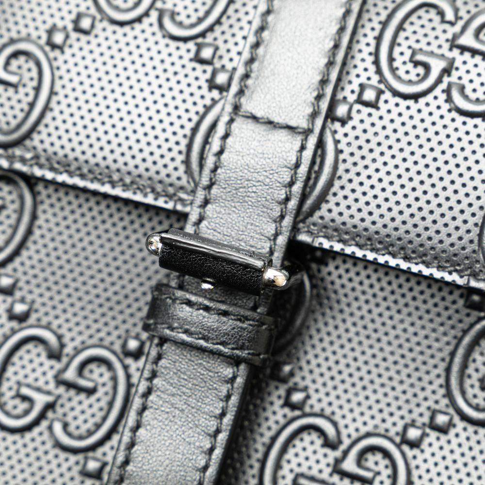 Gucci AB Gucci Black Calf Leather GG Embossed Perforated Double Belt Bag Italy