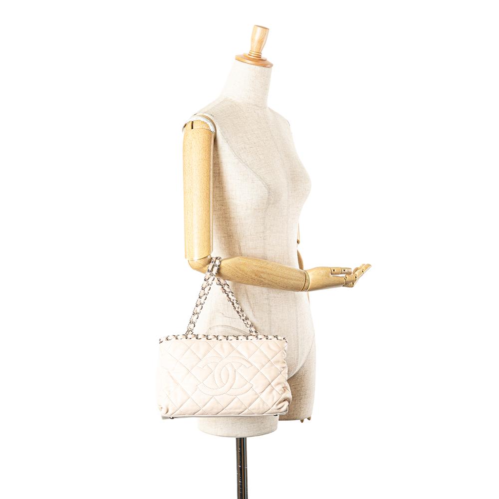 Chanel B Chanel Brown Light Beige Lambskin Leather Leather Mini Quilted Lambskin Chain Me Tote Italy