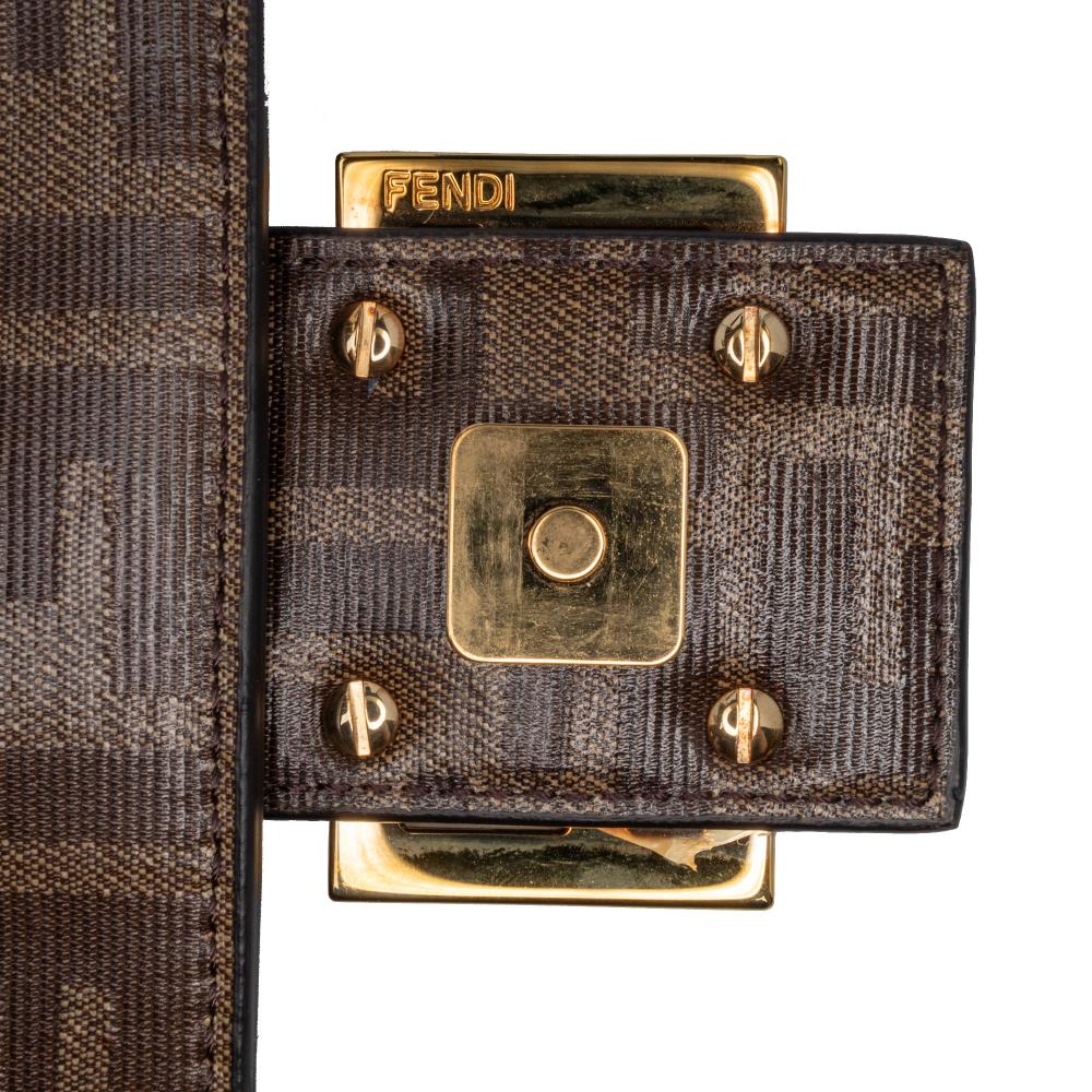 Fendi B Fendi Brown with White Coated Canvas Fabric Zucca Glazed Cage Baguette Satchel Italy
