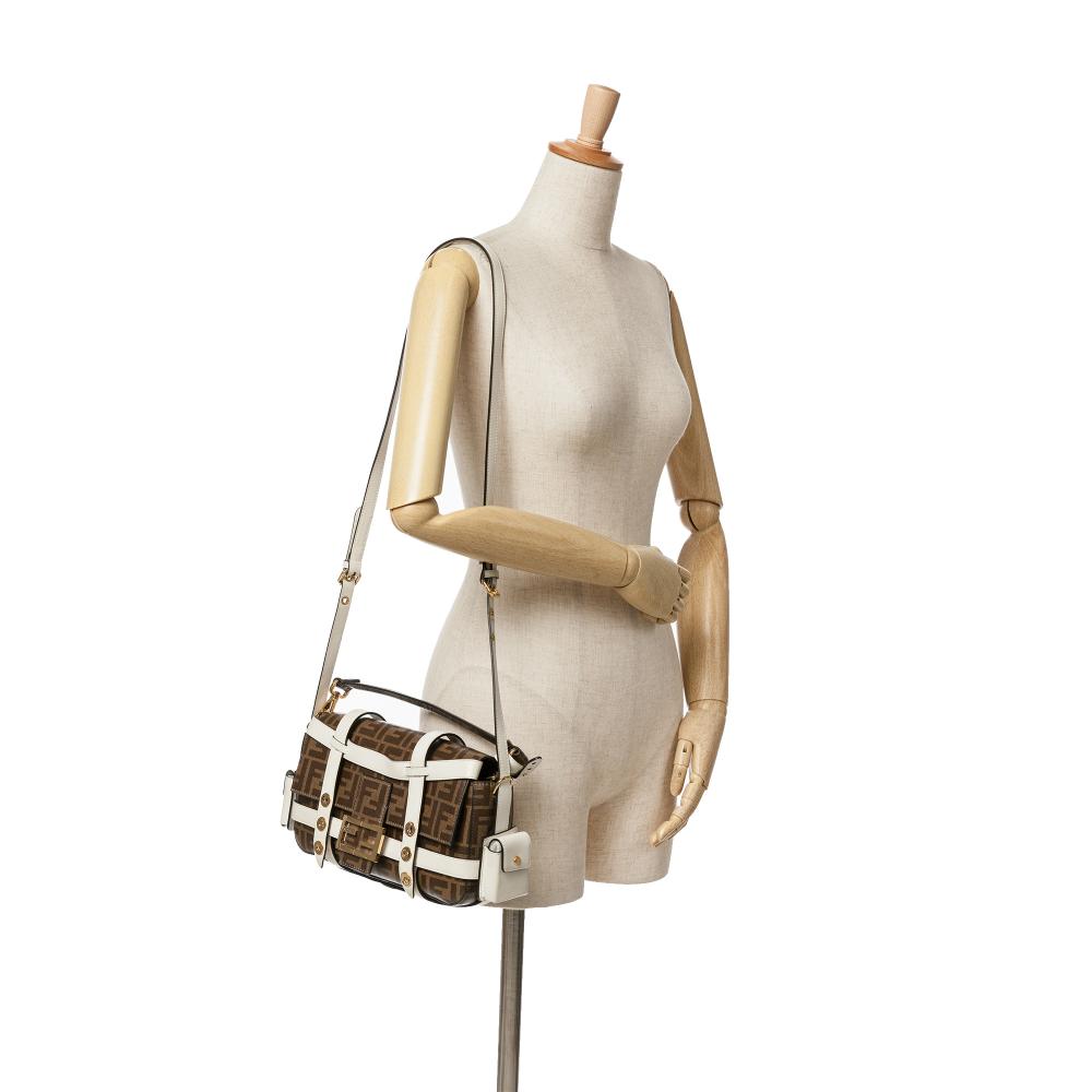 Fendi B Fendi Brown with White Coated Canvas Fabric Zucca Glazed Cage Baguette Satchel Italy