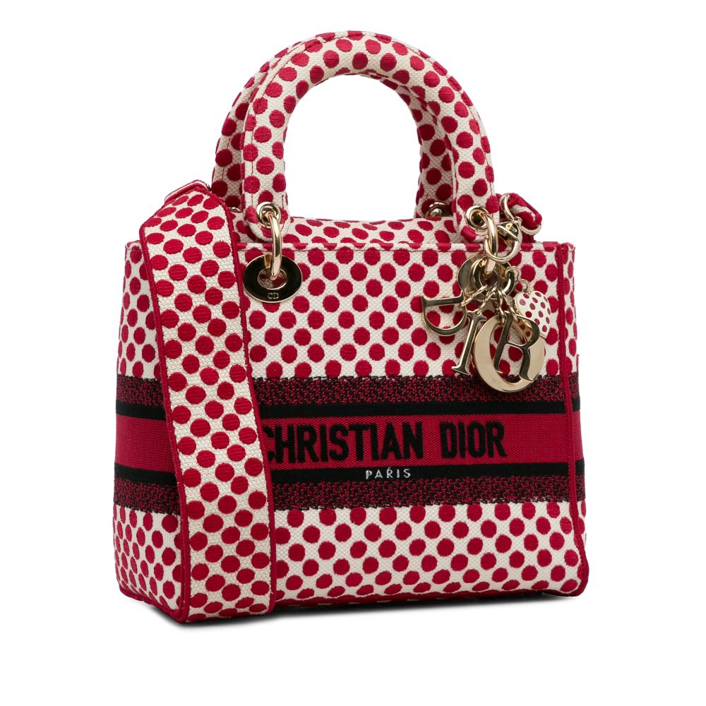 Christian Dior AB Dior Red with White Canvas Fabric DiorAmour Medium Embroidered Dots Lady D Lite Italy