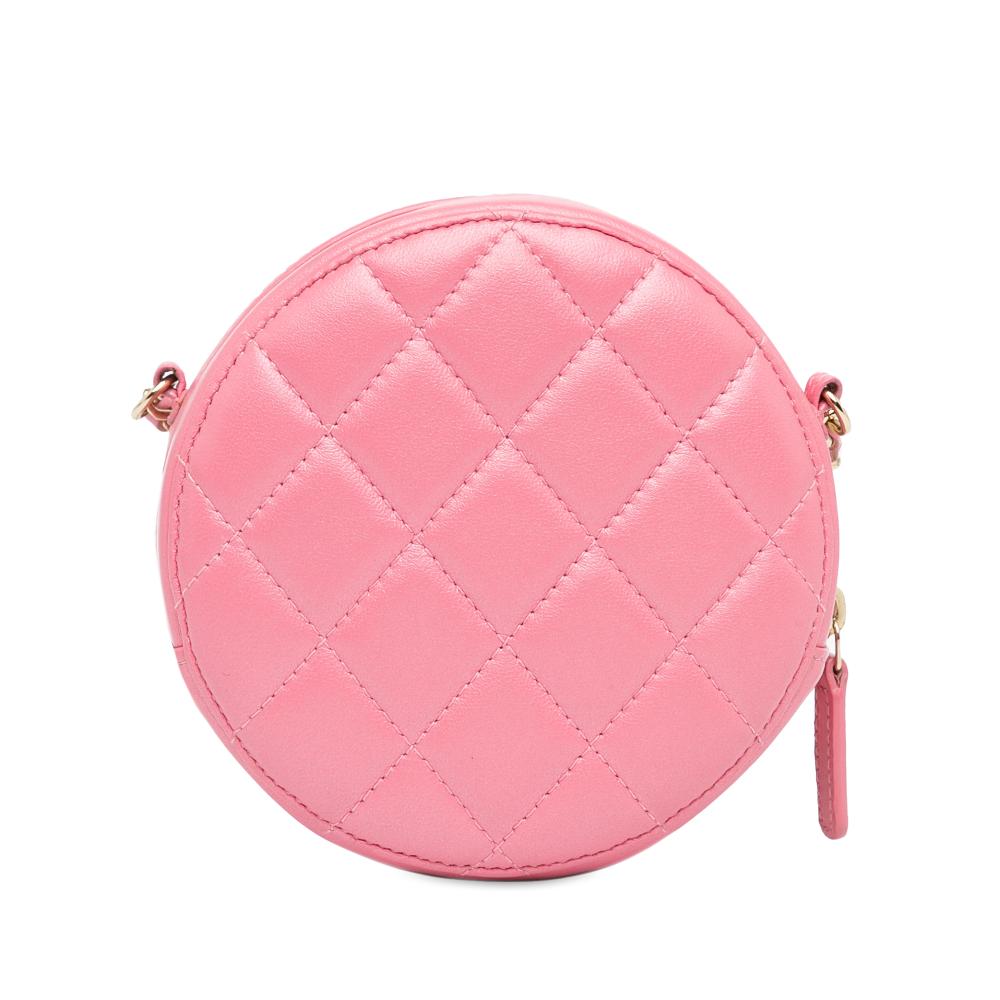 Chanel Pink Lambskin Leather Leather CC Quilted Lambskin Pearl Crush Round Clutch with Chain Italy