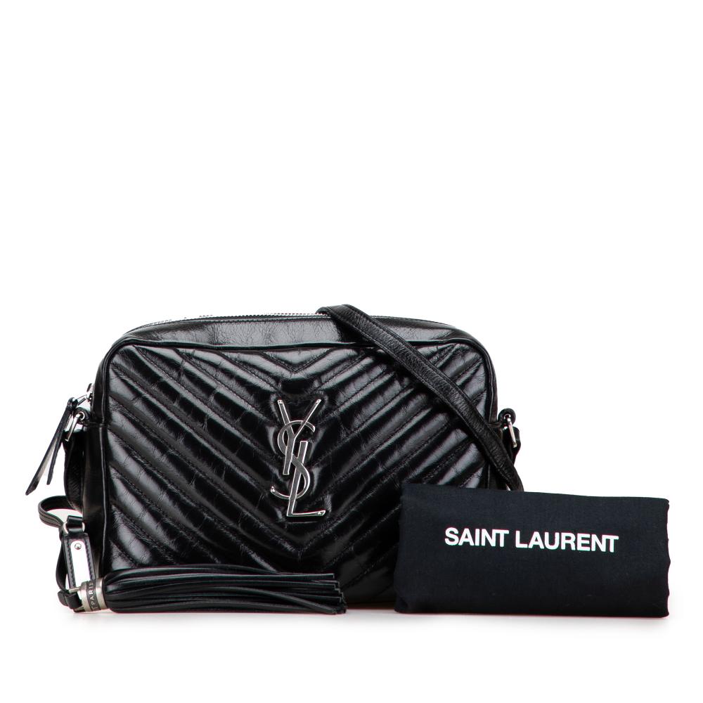 Saint Laurent B Saint Laurent Black Calf Leather Cracked Shiny skin Matelasse Tassel Monogram Lou Camera Bag Italy