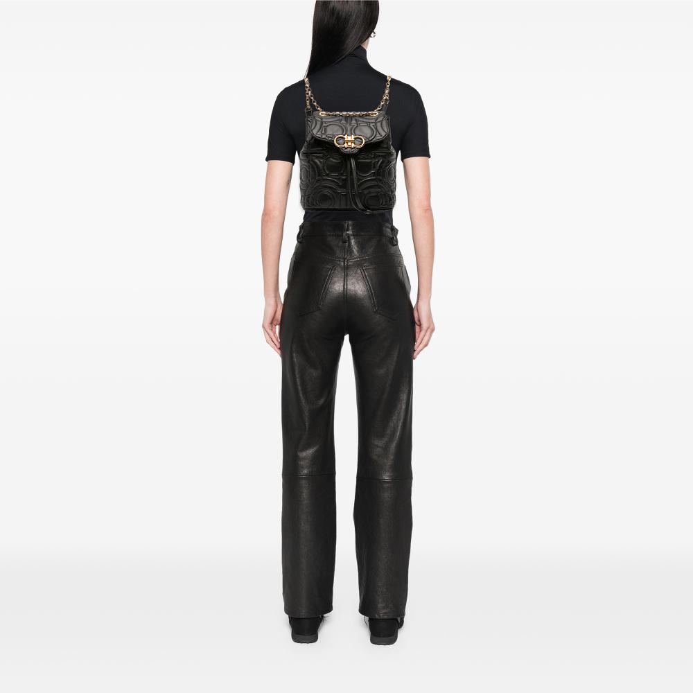 Ferragamo B Ferragamo Black Calf Leather Small Quilted Double Gancini Backpack Italy