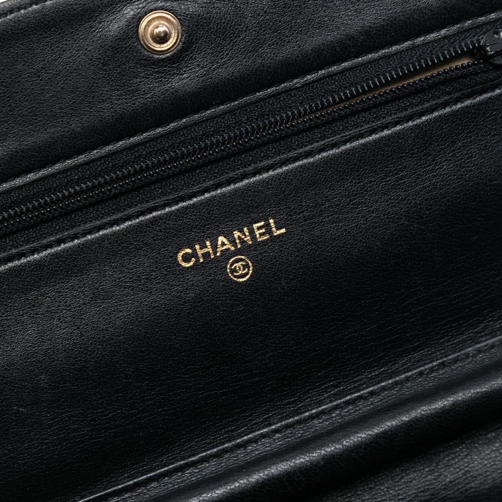 Chanel B Chanel Black Lambskin Leather Leather CC Embossed Lambskin Camellia Wallet On Chain France