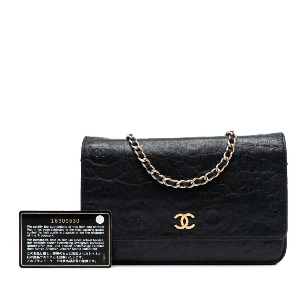 Chanel B Chanel Black Lambskin Leather Leather CC Embossed Lambskin Camellia Wallet On Chain France