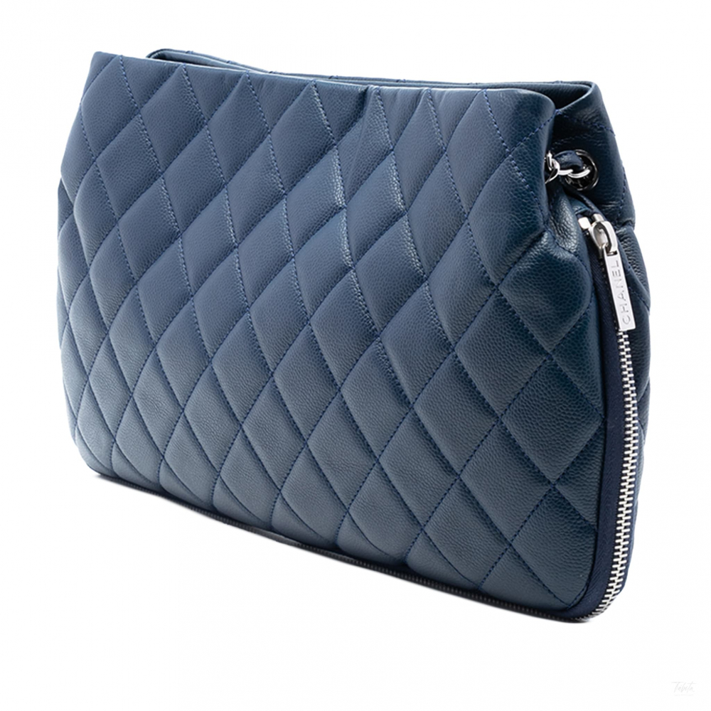 Chanel Expandable Tote Caviar Leather Matelassè Shoulder Bag Blue