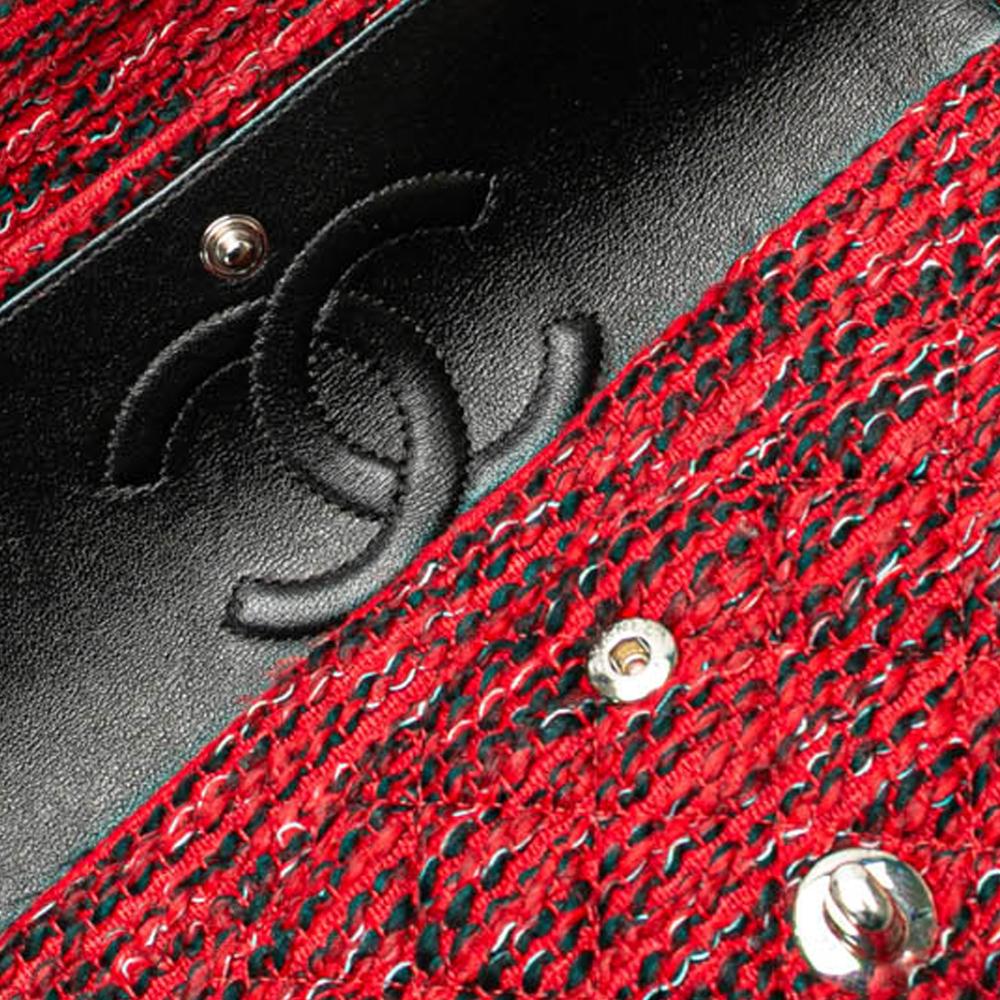 Chanel B Chanel Red Tweed Fabric Medium Braided Charms Double Flap France