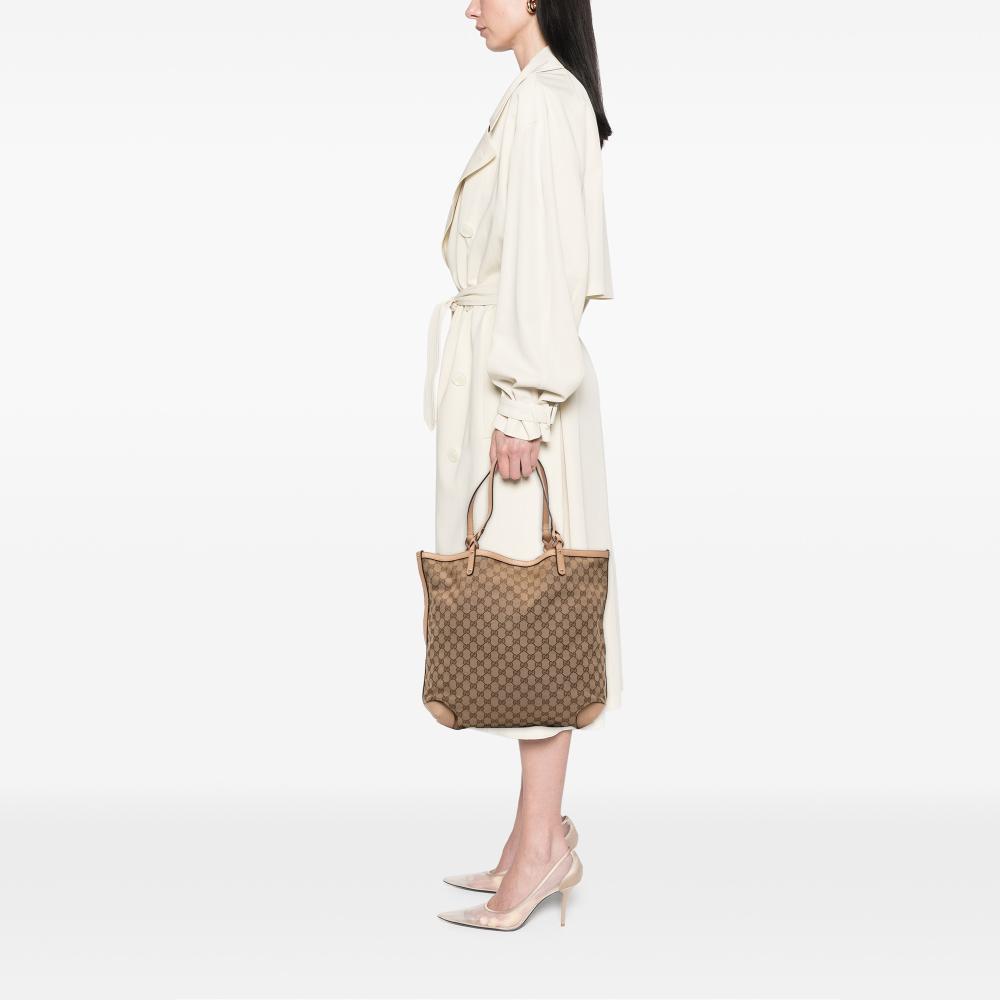 Gucci B Gucci Brown Beige Canvas Fabric GG Craft Tote Italy