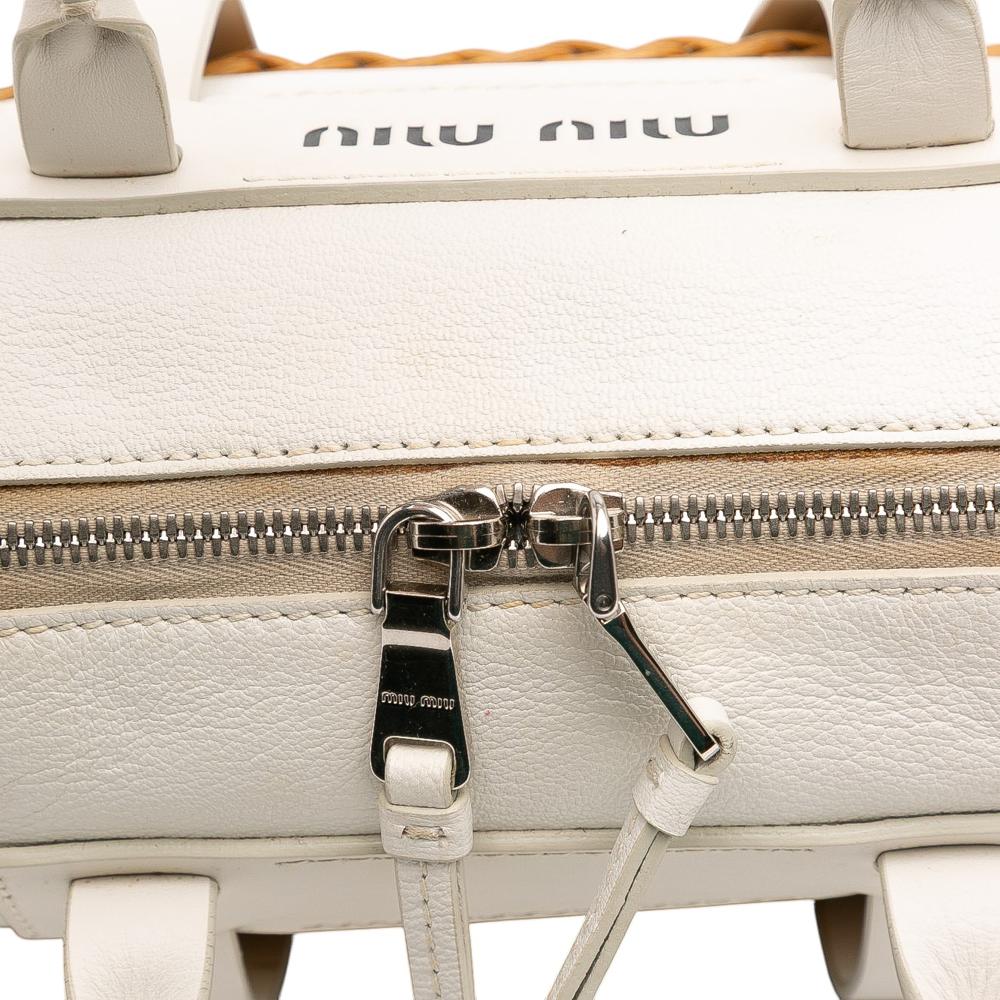 Miu Miu B Miu Miu White with Brown Calf Leather Wicker Trimmed Top Handle Bag Italy