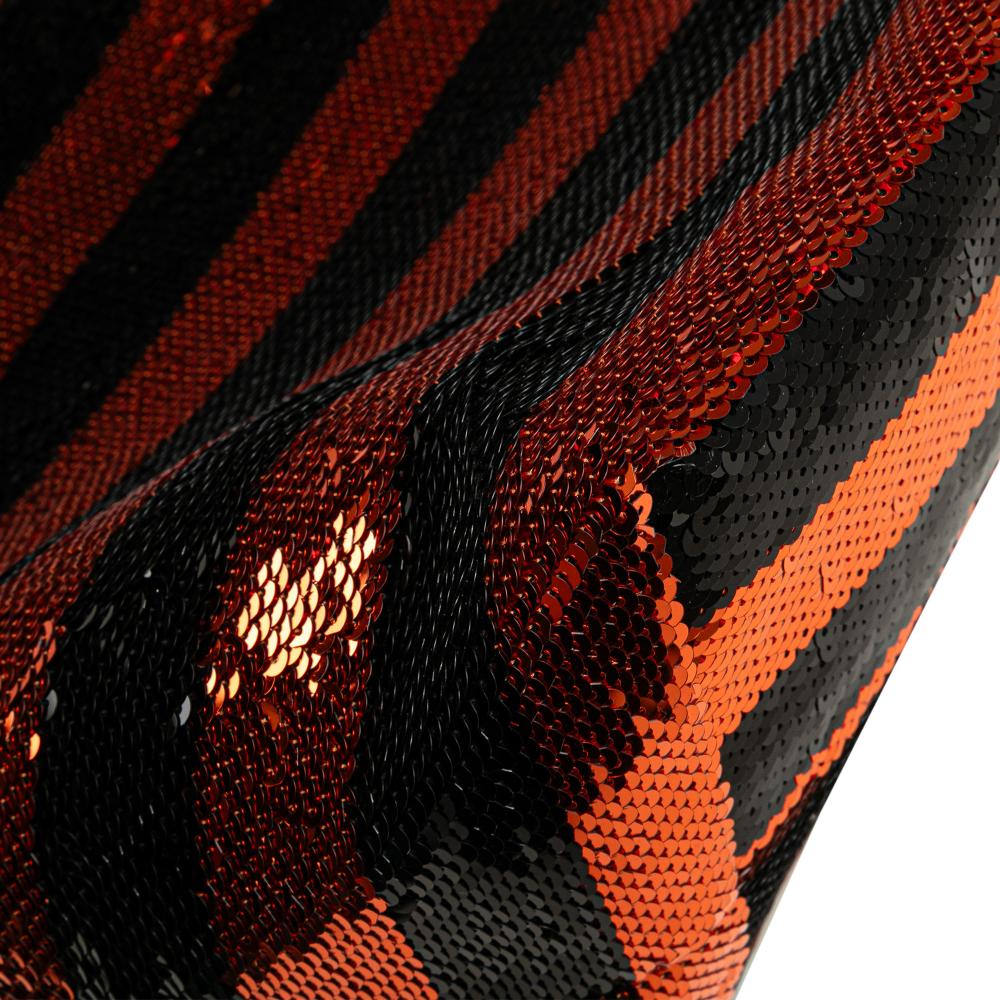 Prada B Prada Orange with Black Satin Fabric Sequin Stripes Tote Italy