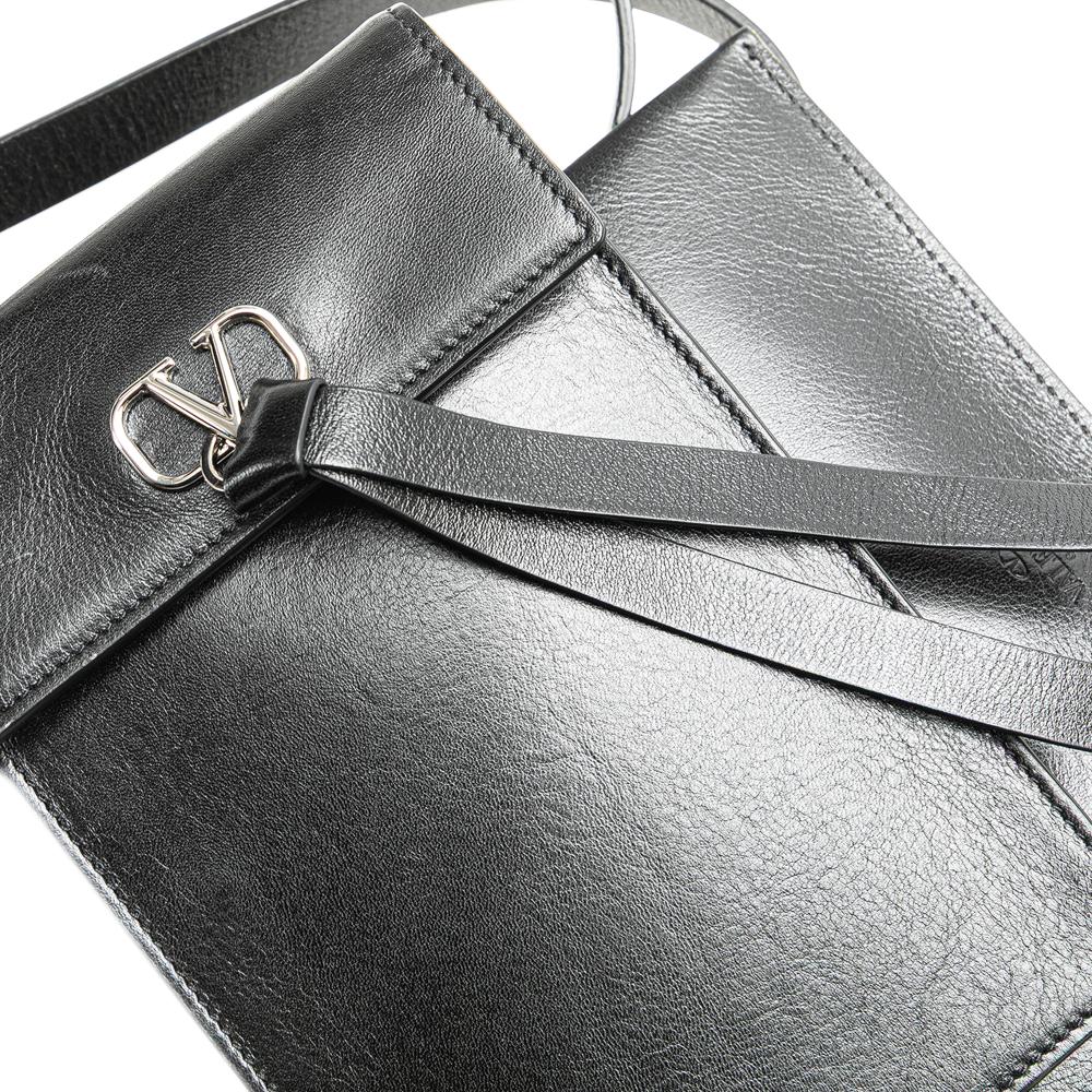 Valentino B Valentino Black Calf Leather VRing Neck Pouch Italy