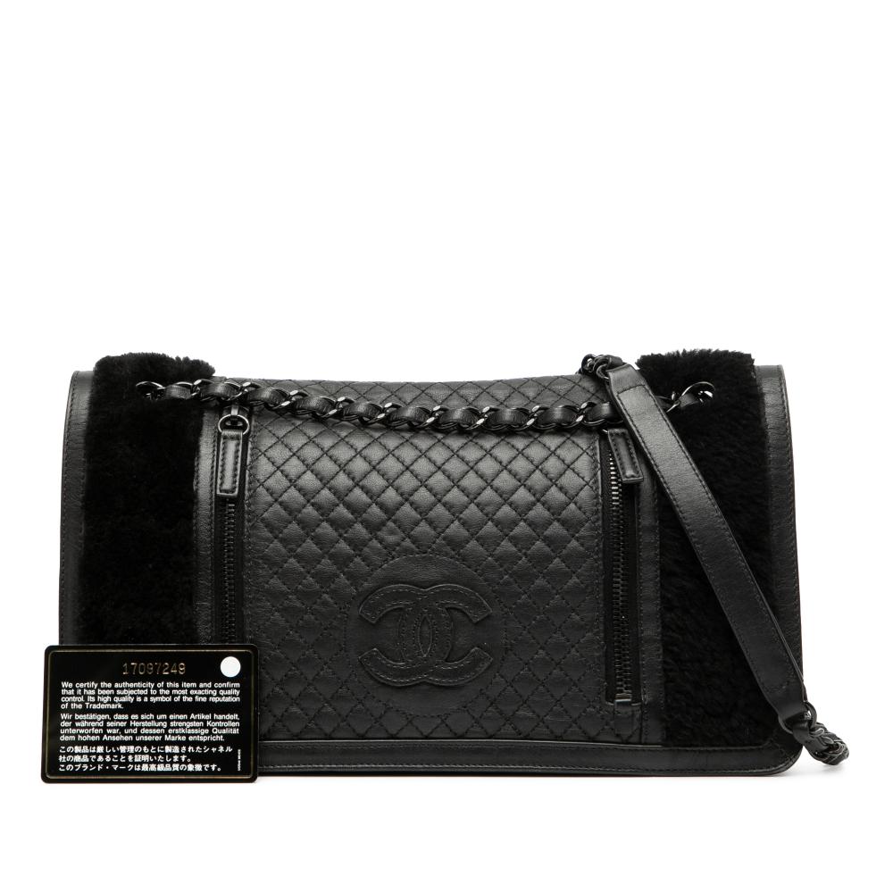 Chanel B Chanel Black Lambskin Leather Leather Large CC Quilted Lambskin and Shearling Single Flap Italy