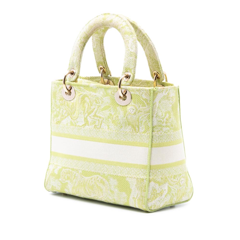Christian Dior B Dior Green Lime Canvas Fabric Medium Embroidered Toile de Jouy Lady D Lite Italy