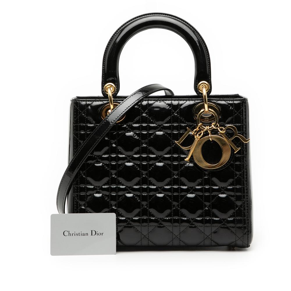 Christian Dior B Dior Black Patent Leather Leather Medium Patent Cannage Lady Dior Italy