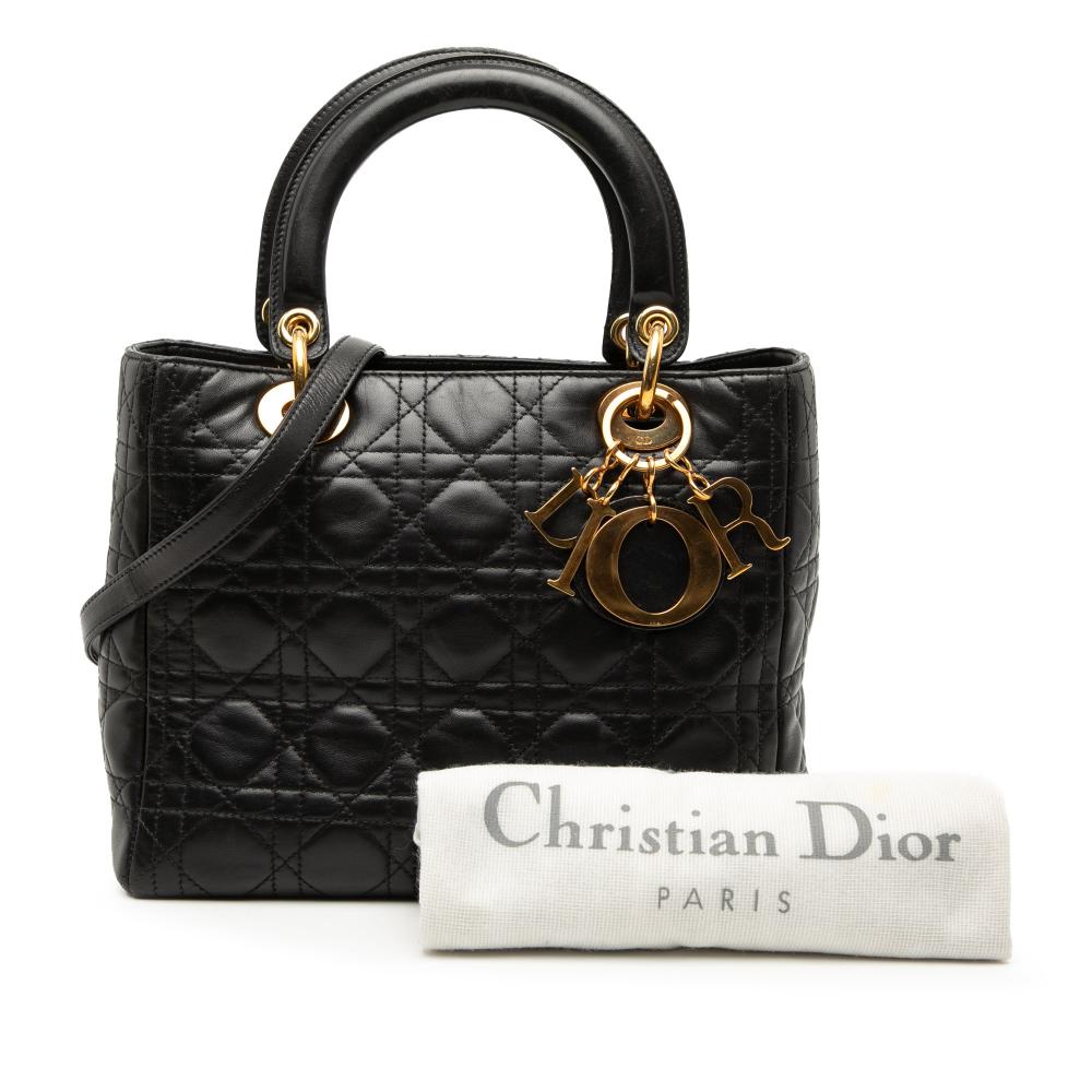 Christian Dior B Dior Black Lambskin Leather Leather Medium Lambskin Cannage Lady Dior Italy