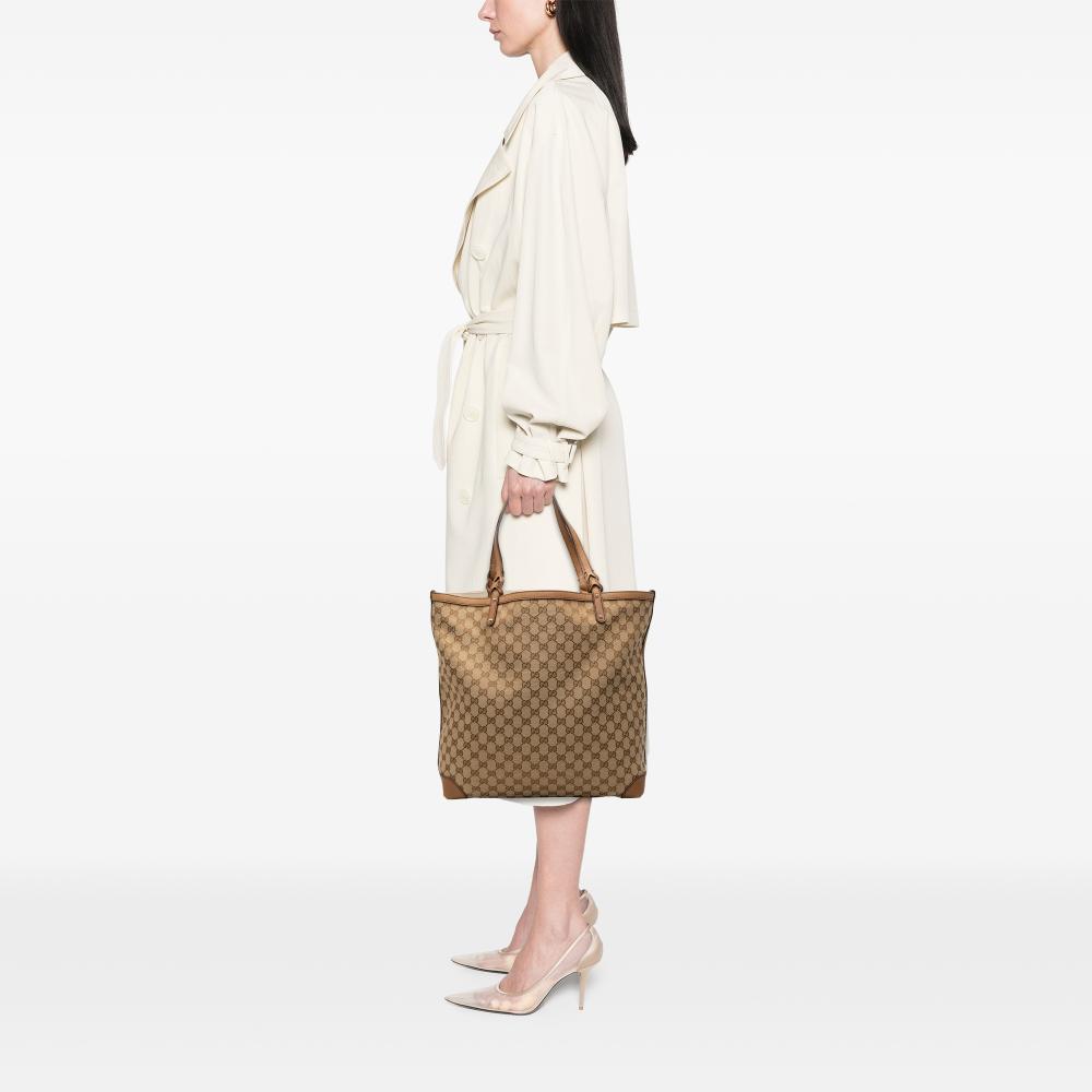 Gucci AB Gucci Brown Beige Canvas Fabric GG Craft Tote Italy