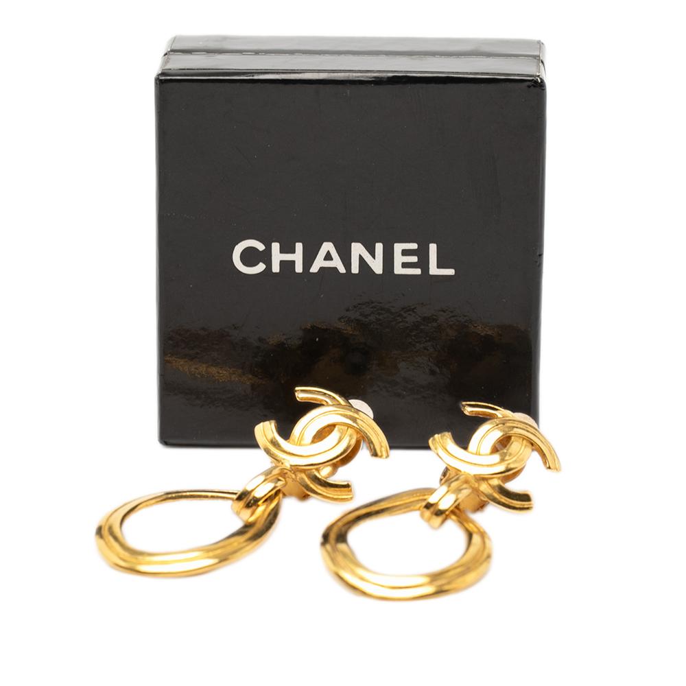 Chanel AB Chanel Gold Gold Plated Metal CC Teardrop Dangle Hoop Clip On Earrings France