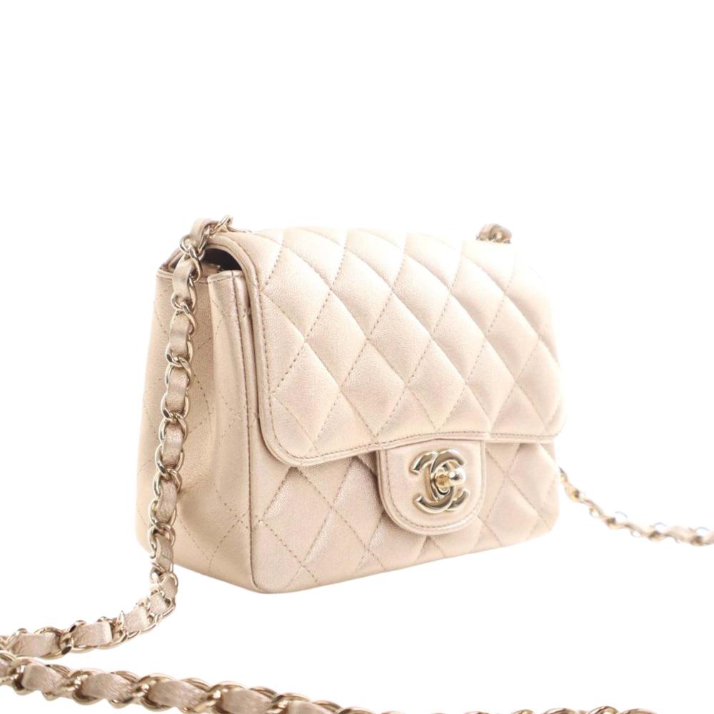 Chanel AB Chanel Gold Light Gold Lambskin Leather Leather Mini Square Classic Lambskin Single Flap France