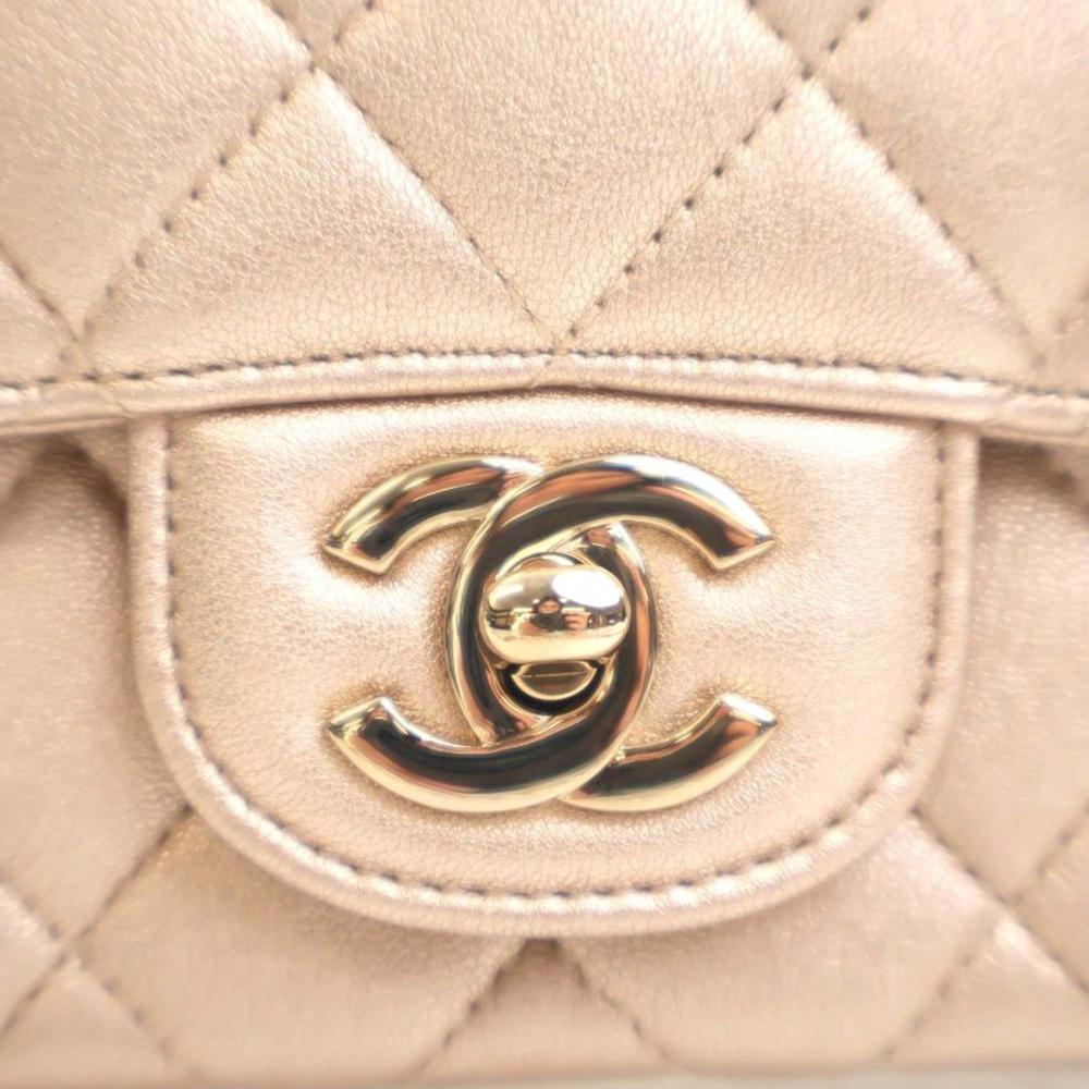 Chanel AB Chanel Gold Light Gold Lambskin Leather Leather Mini Square Classic Lambskin Single Flap France