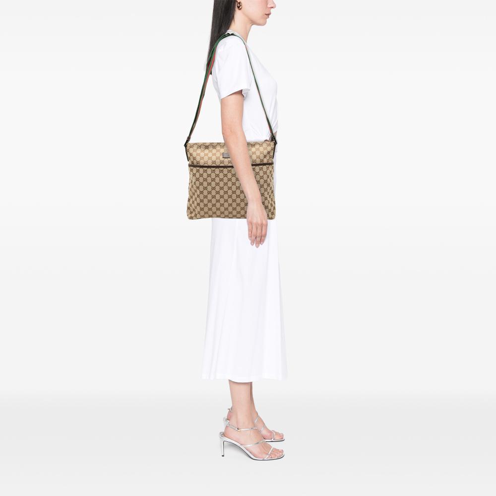 Gucci B Gucci Brown Beige Canvas Fabric GG Web Crossbody Italy