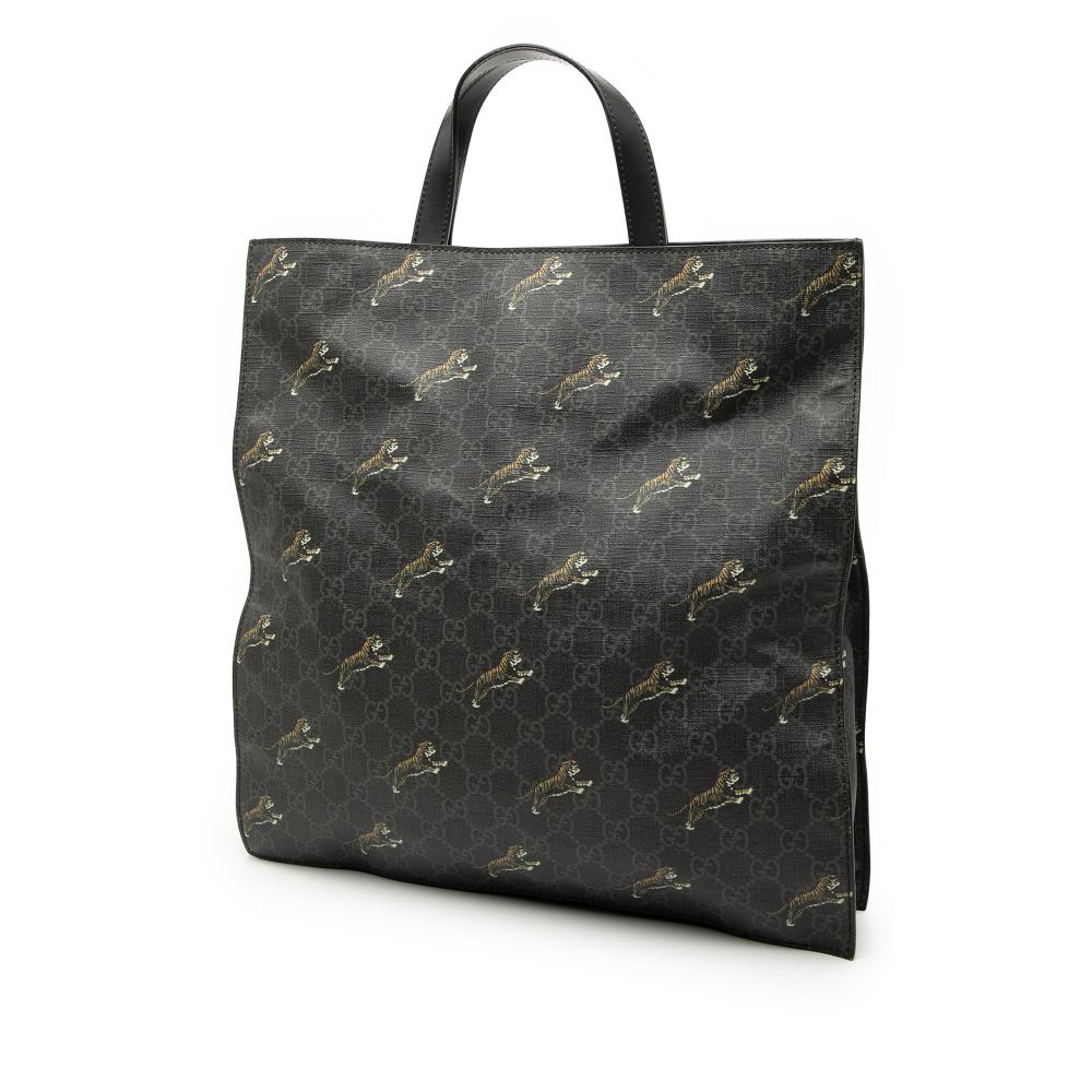 Gucci B Gucci Black Coated Canvas Fabric GG Supreme Tiger Convertible Soft Tote Italy