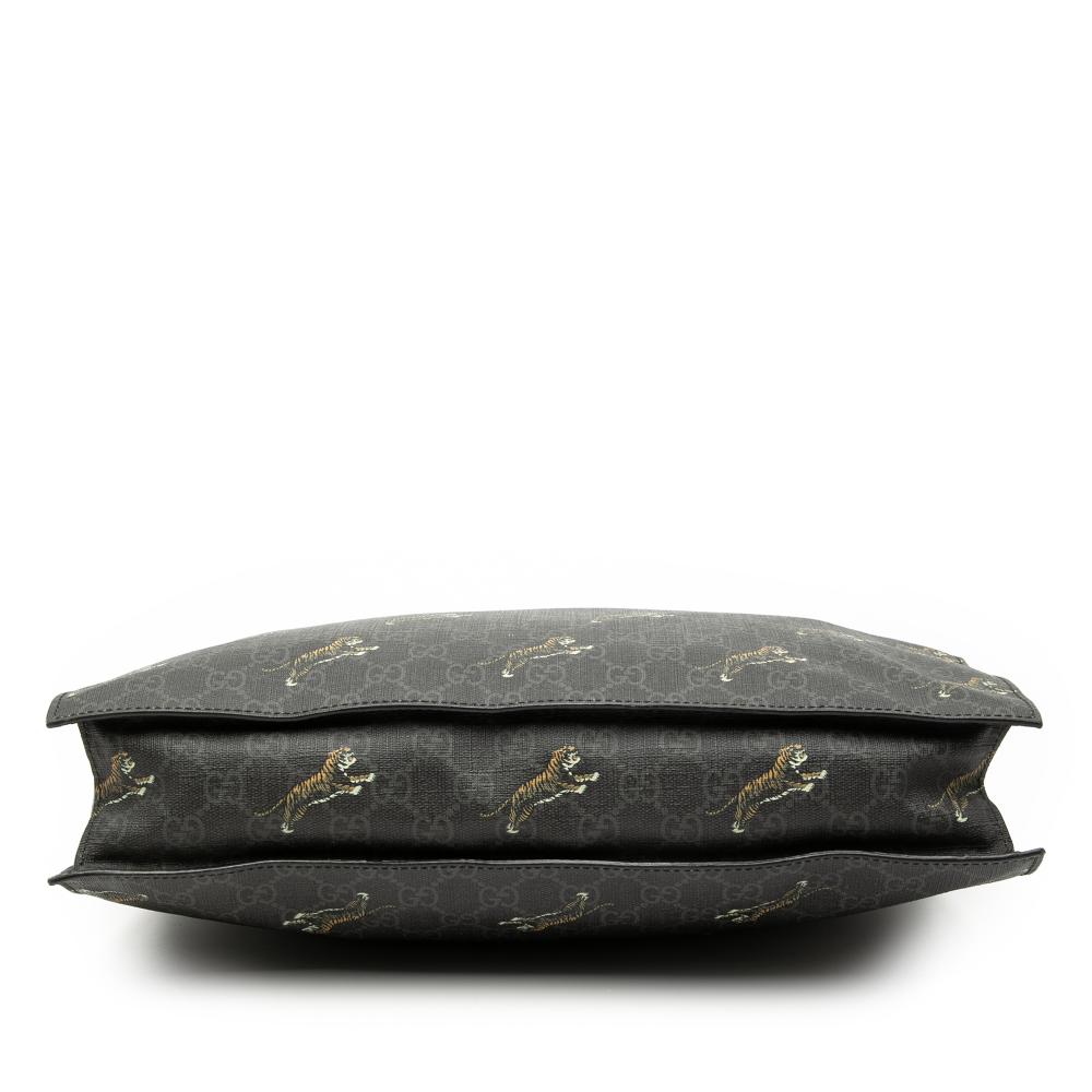 Gucci B Gucci Black Coated Canvas Fabric GG Supreme Tiger Convertible Soft Tote Italy