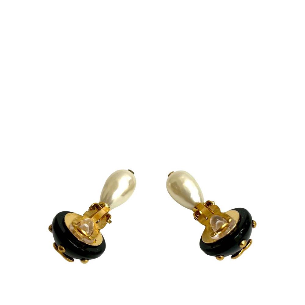 Chanel AB Chanel Gold with Black Gold Plated Metal CC Resin and Faux Pearl Drop Clip On Earrings France
