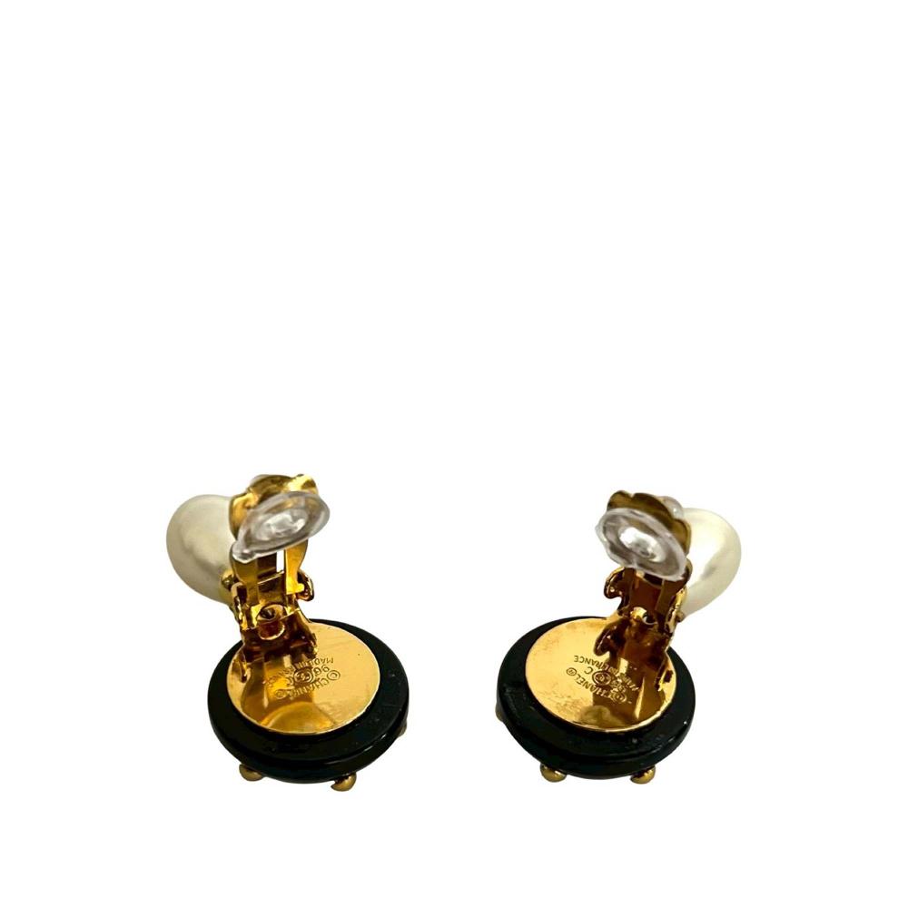 Chanel AB Chanel Gold with Black Gold Plated Metal CC Resin and Faux Pearl Drop Clip On Earrings France