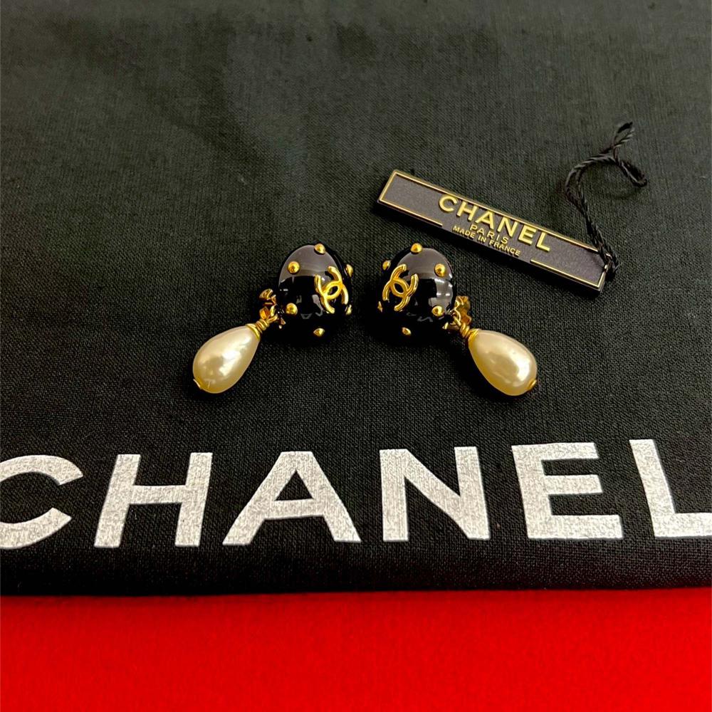 Chanel AB Chanel Gold with Black Gold Plated Metal CC Resin and Faux Pearl Drop Clip On Earrings France