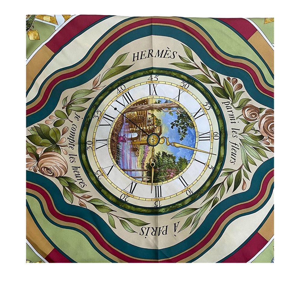 Hermès AB Hermès Green with Multi Silk Fabric La Ronde des Heures Scarf Carre 90 France