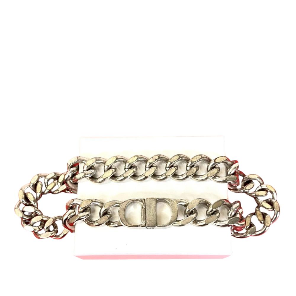 Christian Dior B Dior Silver Silver Plated Metal CD Logo Chain Link Necklace France