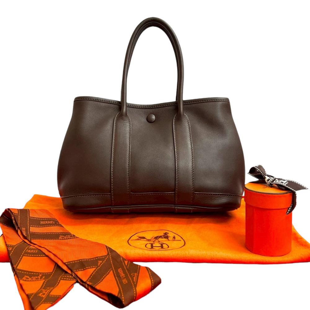 Hermès B Hermès Brown Dark Brown Calf Leather Swift and Silk Bolduc Twilly Garden Party 23 France