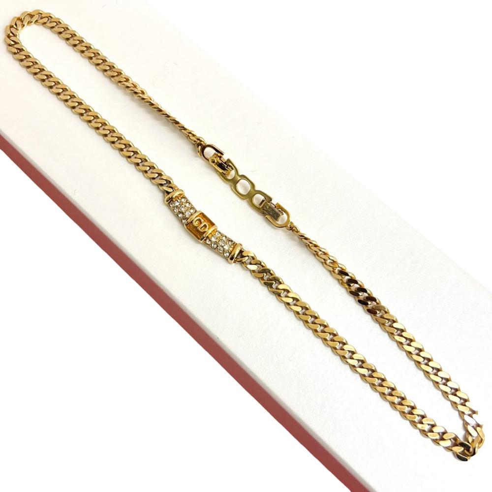 Christian Dior AB Dior Gold Gold Plated Metal CD Logo Rhinestone Cuban Chain Link Necklace Germany